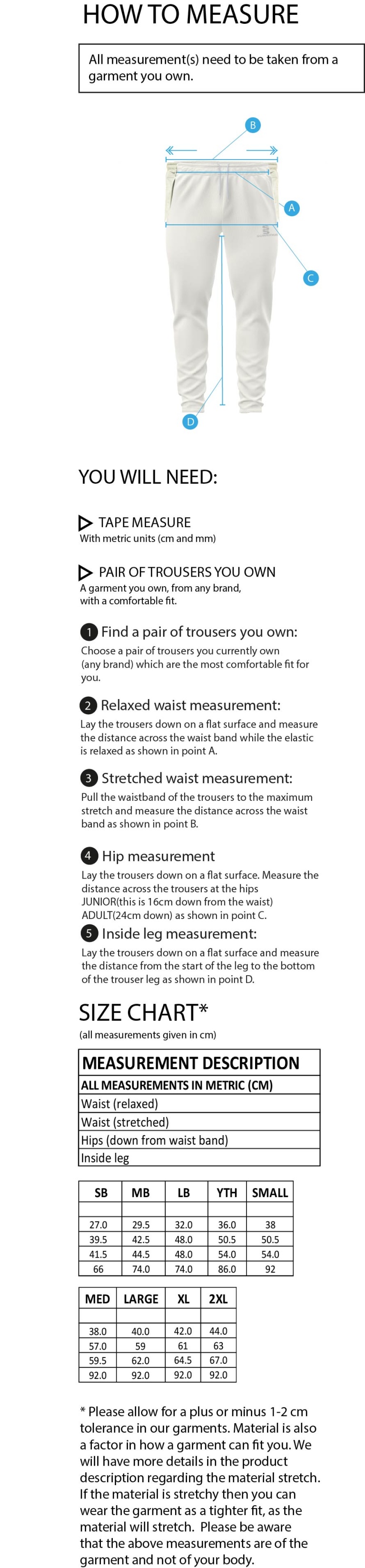 Alvanley CC Dynamos Playing Pants - Size Guide