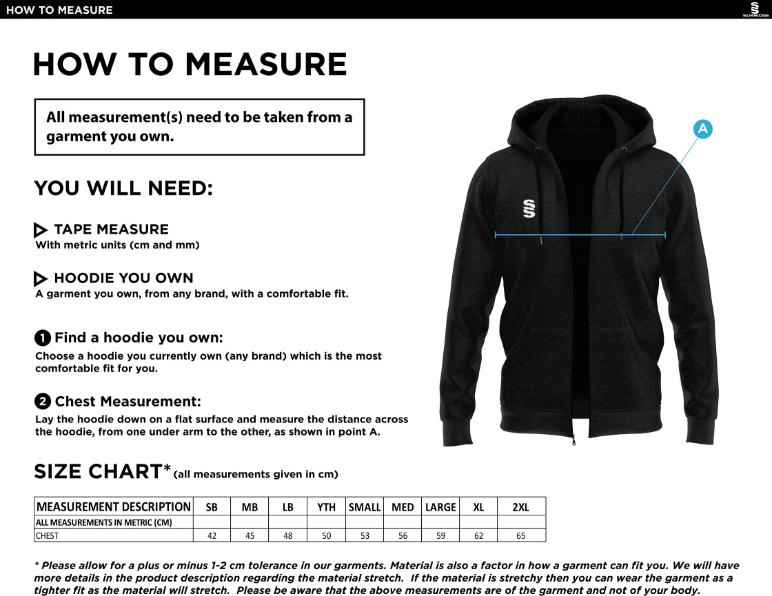 Alvanley CC Full Zip Hoody - Size Guide