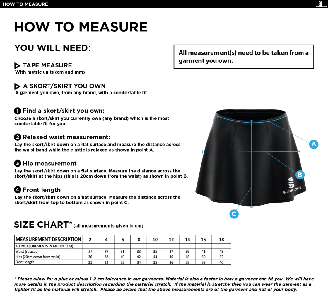 Alvanley CC U11-13-15`s  Skort - Size Guide