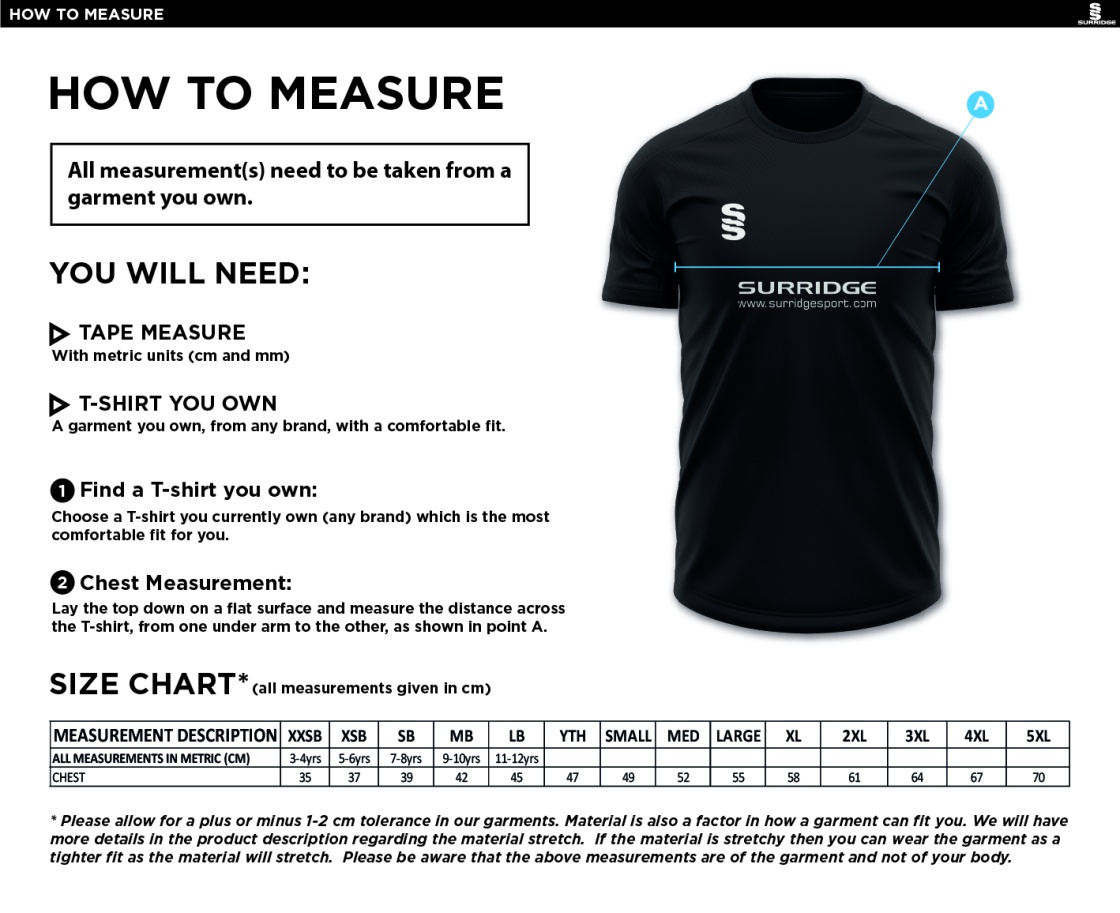 Alvanley CC Spectators Polo Shirt - Size Guide