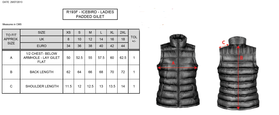 Alvanley CC Padded Gilet Female - Size Guide