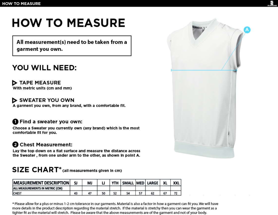 Alvanley CC u11s/13s/15s Sleeveless Sweater White Trim - Size Guide