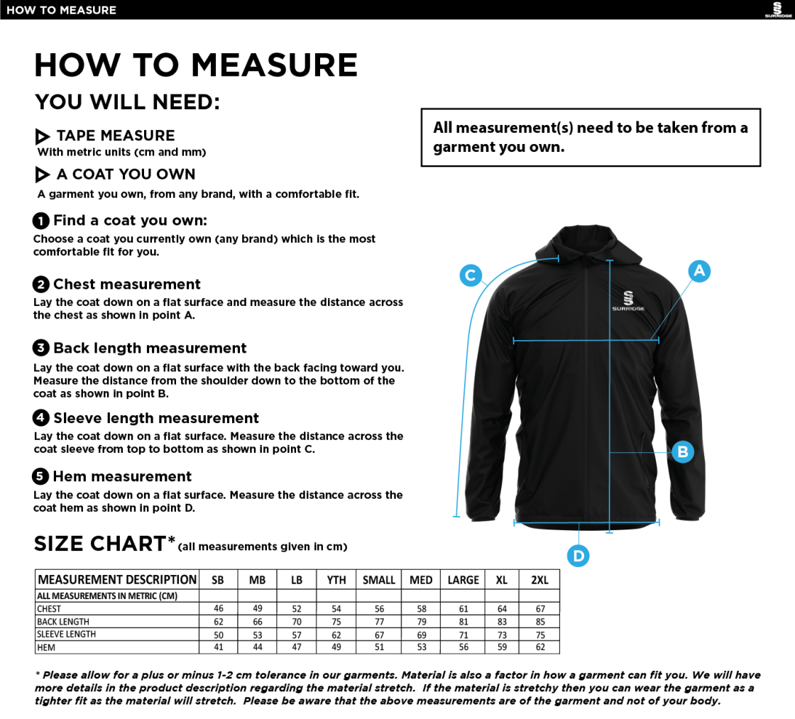 Alvanley CC Full Zip Training Jacket - Size Guide