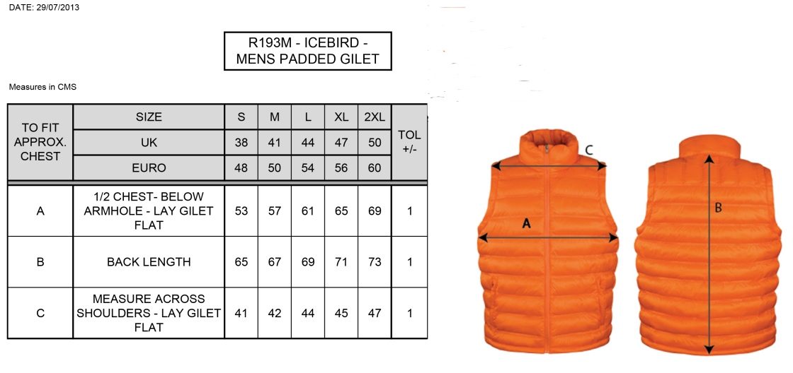 Alvanley CC Padded Gilet Male - Size Guide