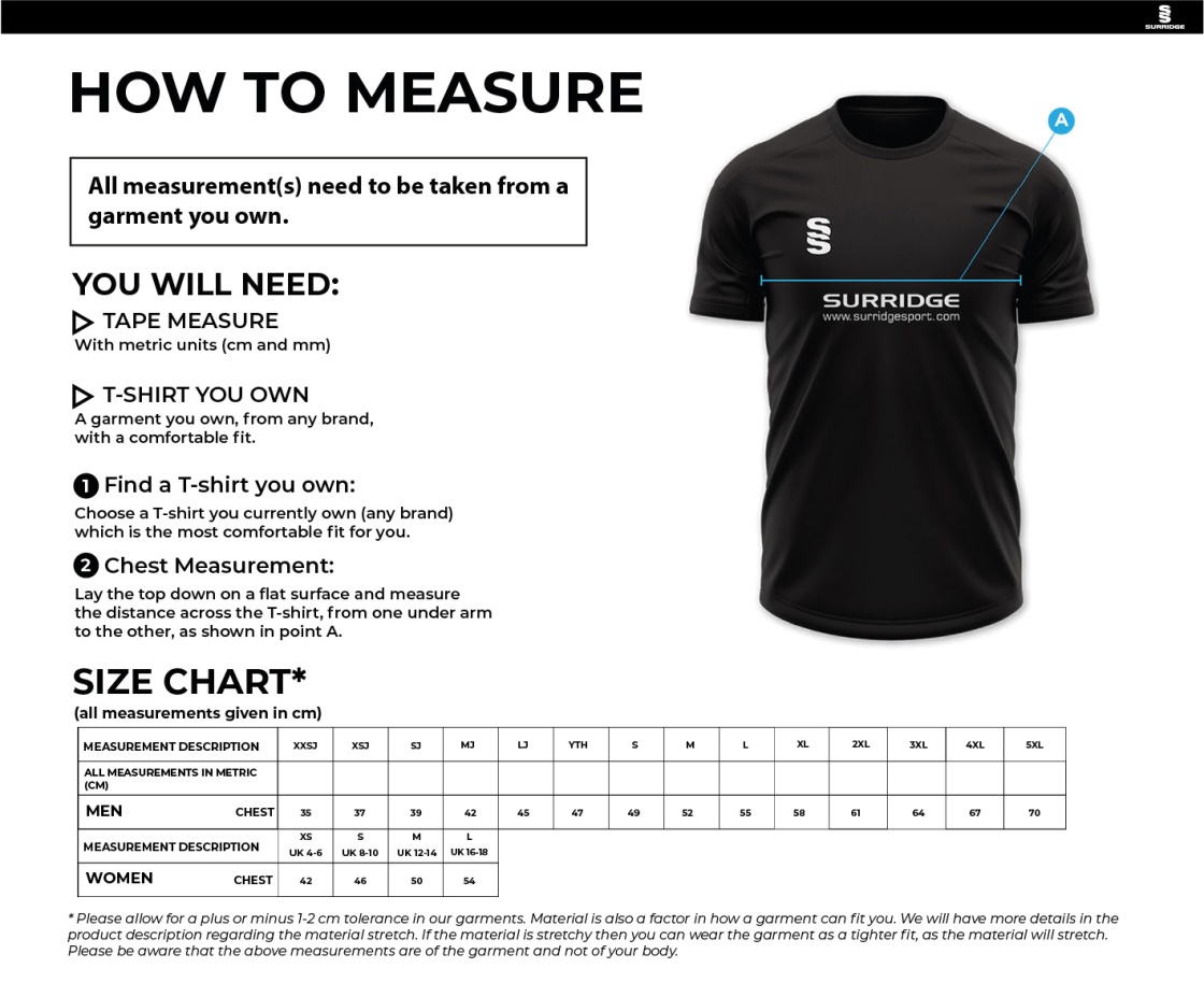 Alvanley CC - Ladies T20 - Short Sleeved Playing Shirt - Size Guide