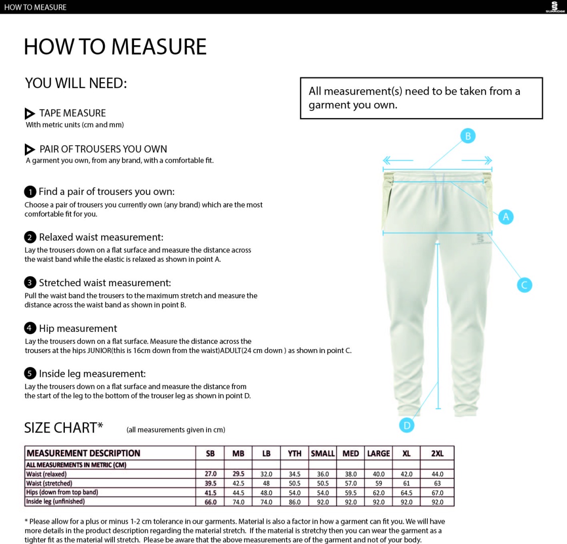 Alvanley CC Dynamos Playing Pants - Size Guide