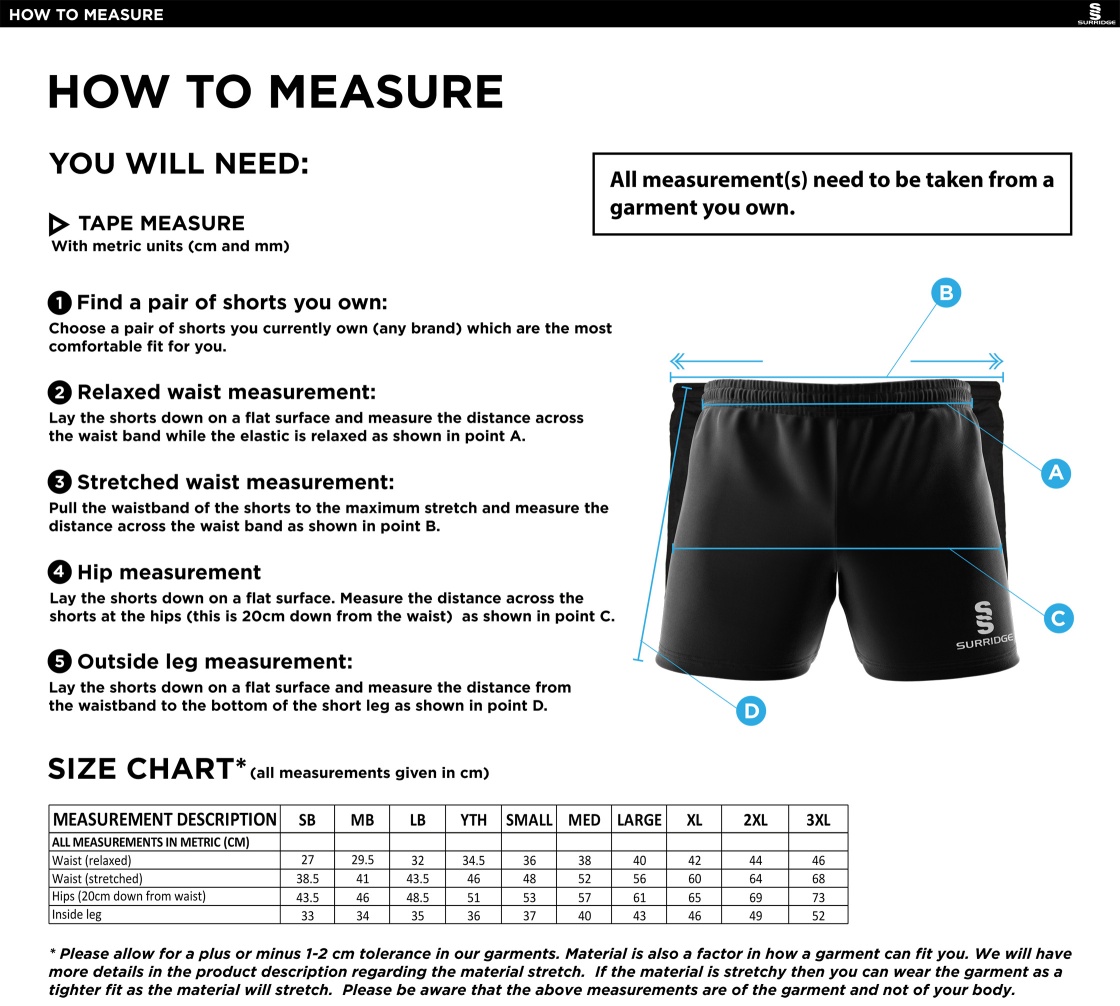 Alvanley CC U11-13-15'S Dual Gym Short - Size Guide