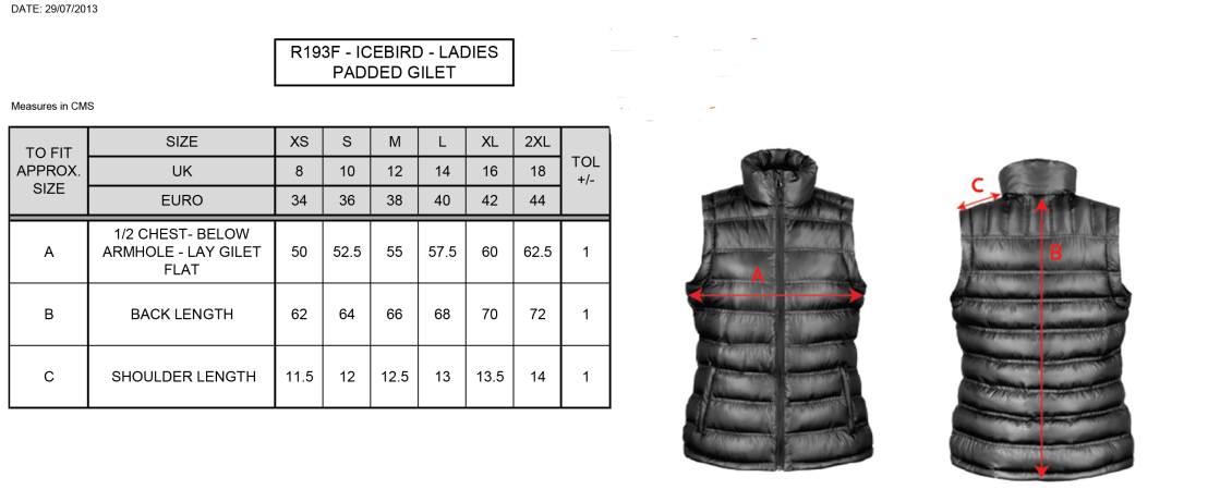 Alvanley CC Padded Gilet Female - Size Guide