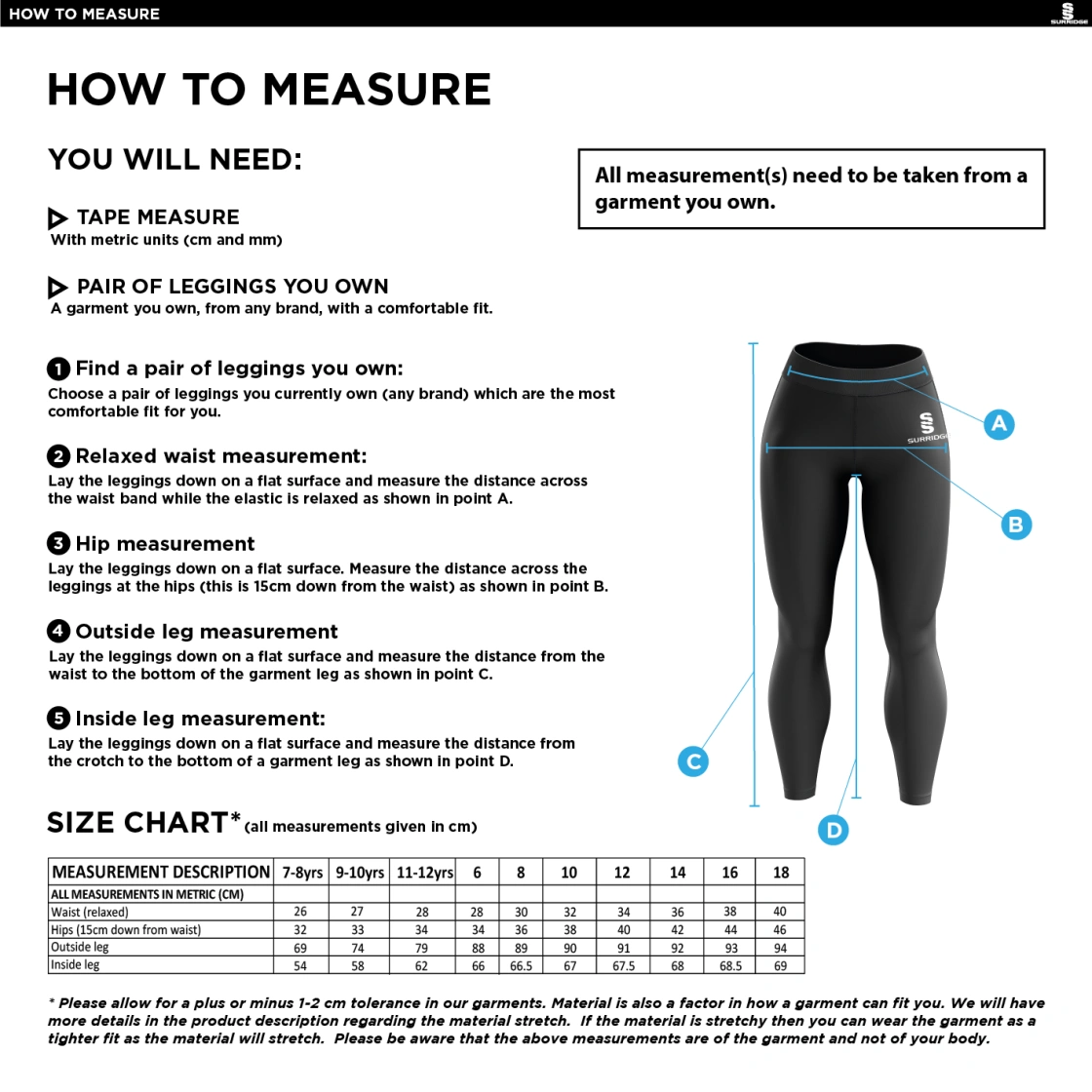 Alvanley CC Performance Full Length Leggings - Size Guide
