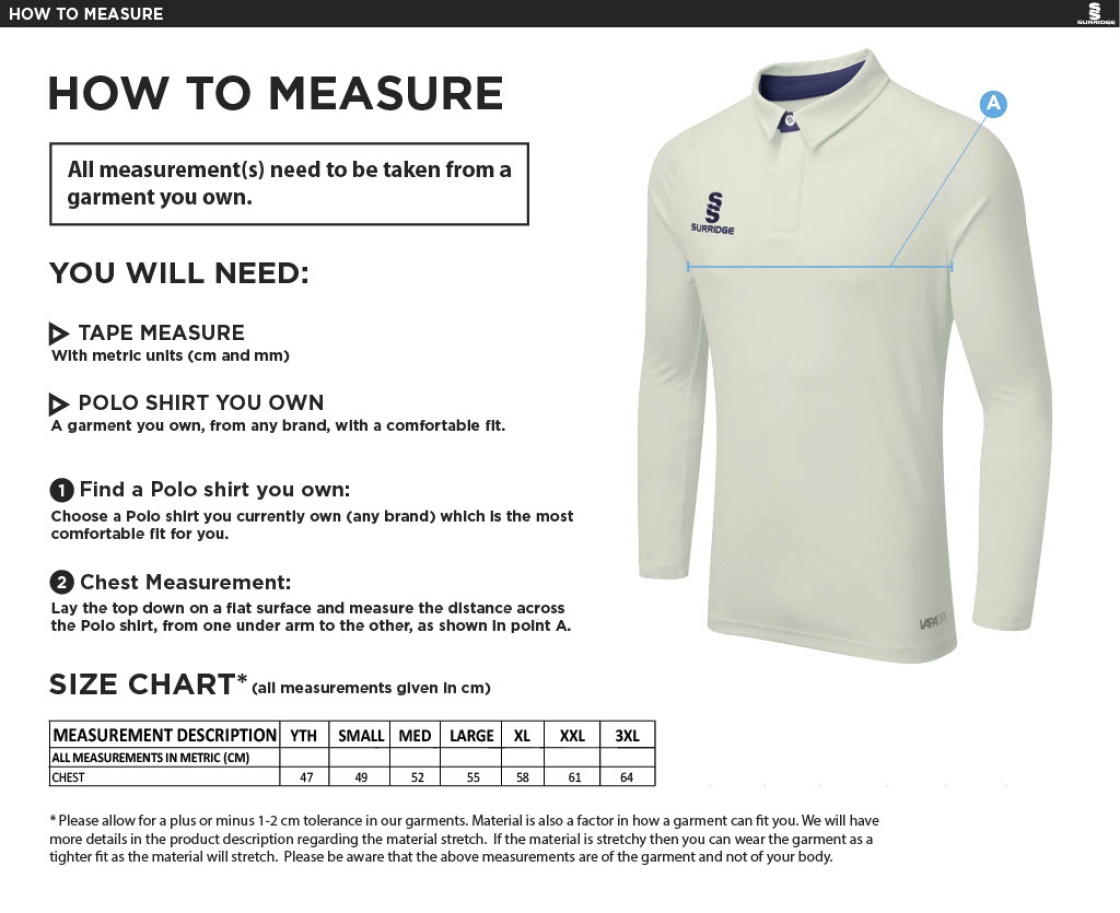 Alvanley CC Adults Ergo Long Sleeve Shirt - Size Guide