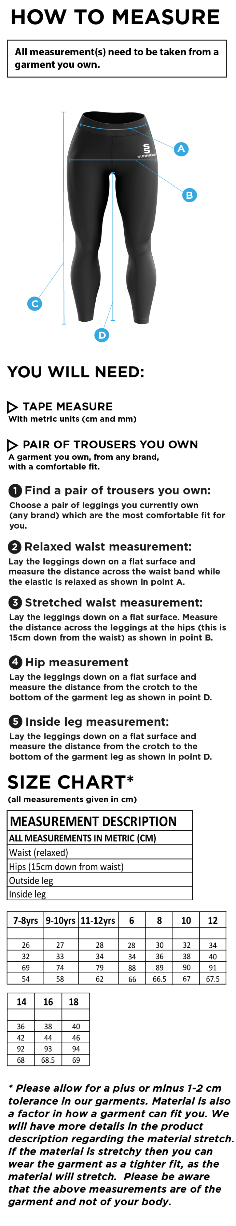 Alvanley CC U11-13-15'S Full Length Leggings - Size Guide