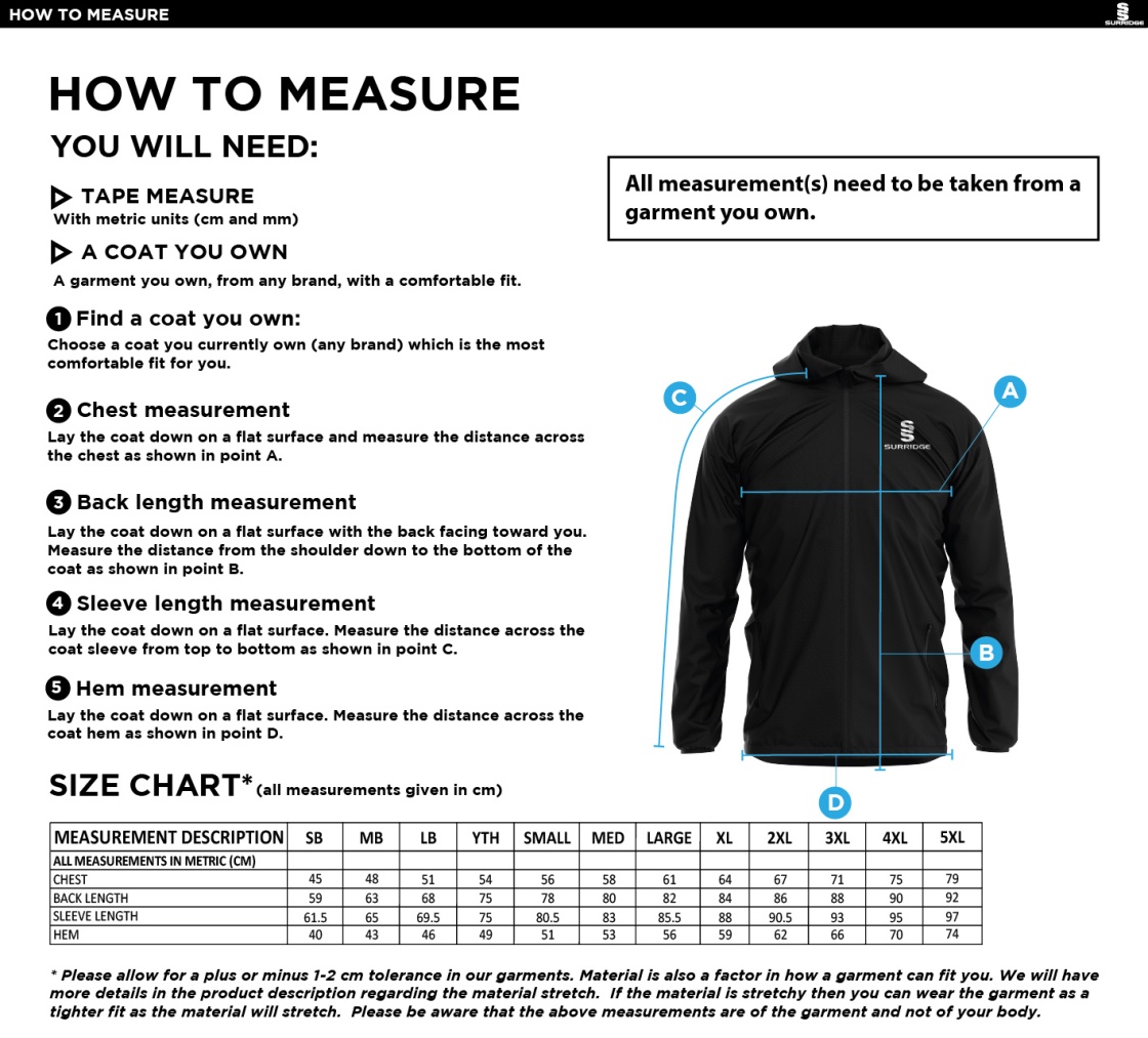 Alvanley CC Full Zip Training Jacket - Size Guide