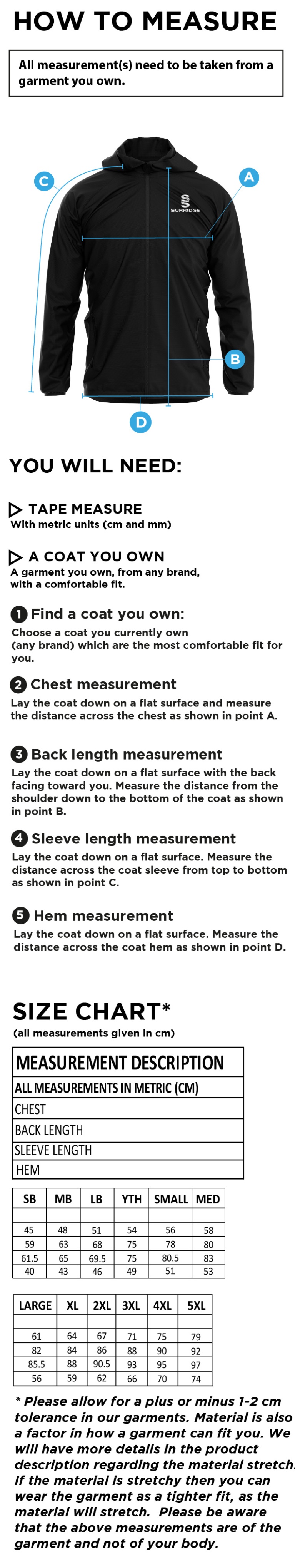 Alvanley CC Full Zip Training Jacket - Size Guide